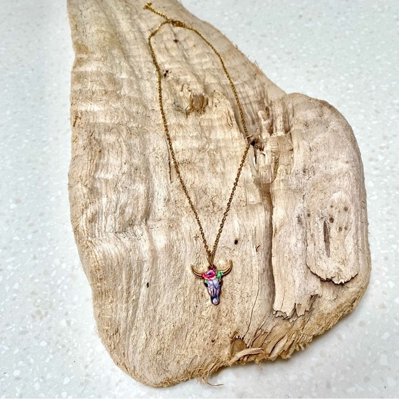 Horn/floral skull candy boho rustic gold necklace southwestern equestrian vibe - Picture 4 of 12